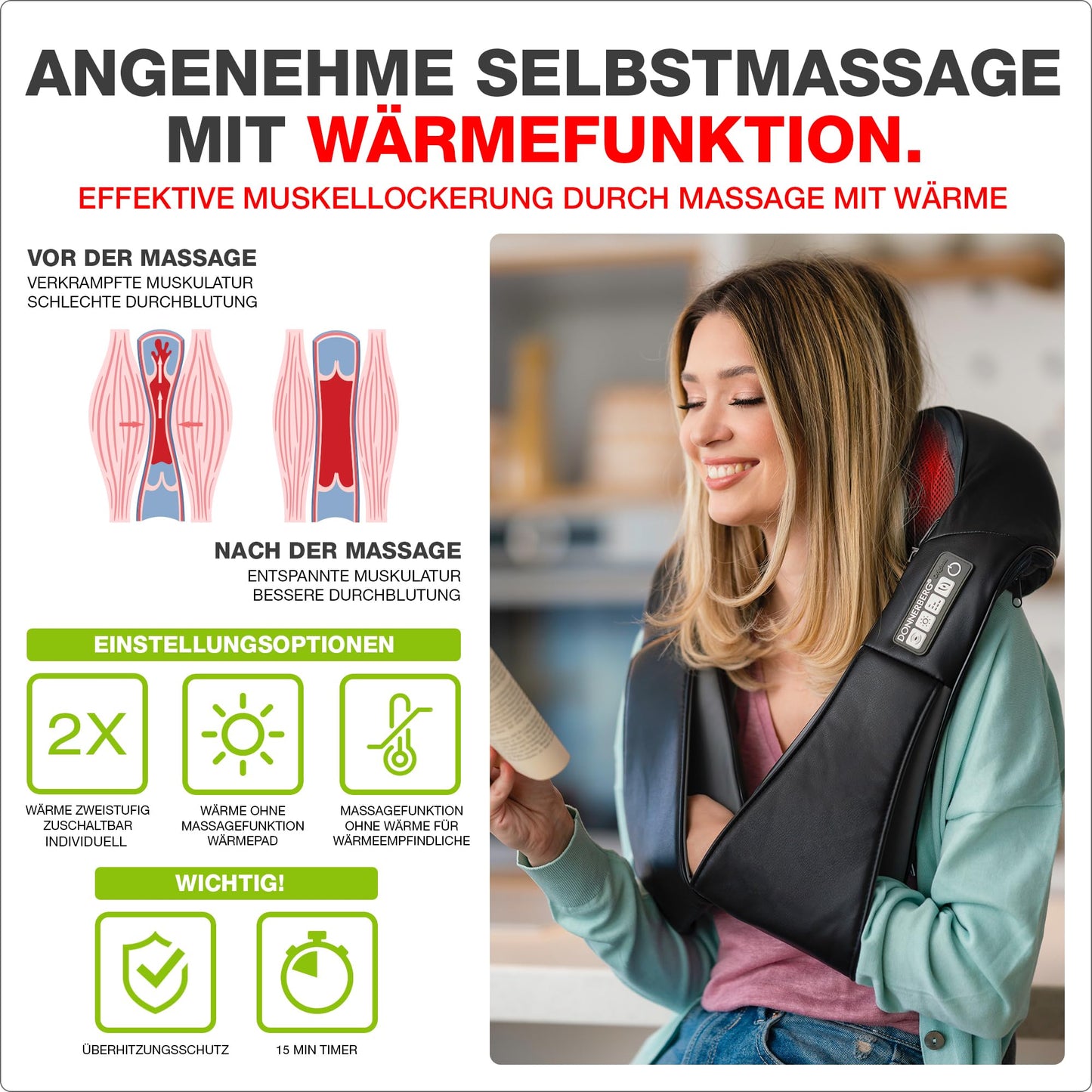 DONNERBERG® Original Nackenmassagegerät mit Wärme, Shiatsu & Vibration, TÜV geprüft, 7 Jahre Garantie, für Nacken & Schultern